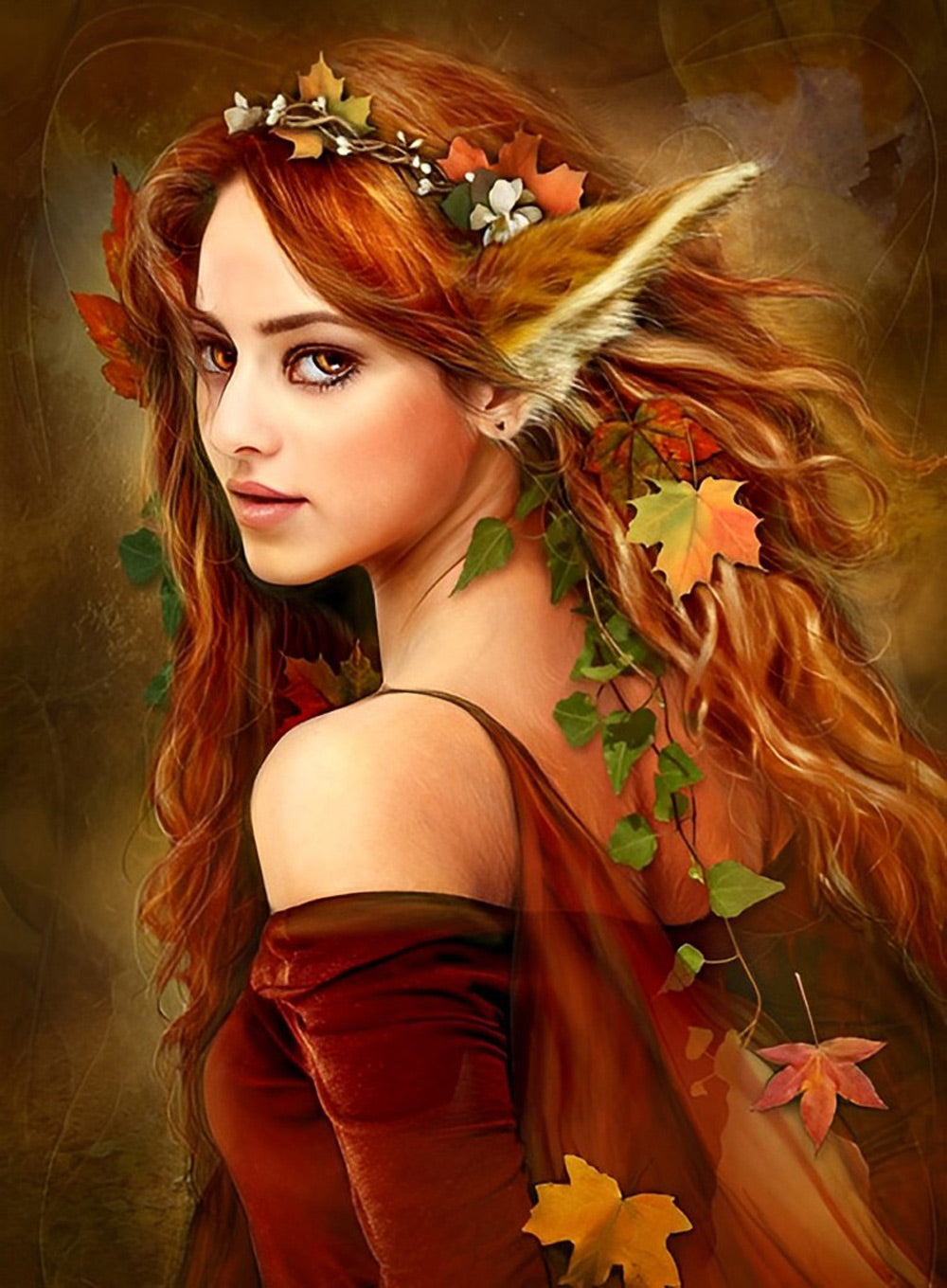 Vrouw en Herfstbladeren Diamond Painting