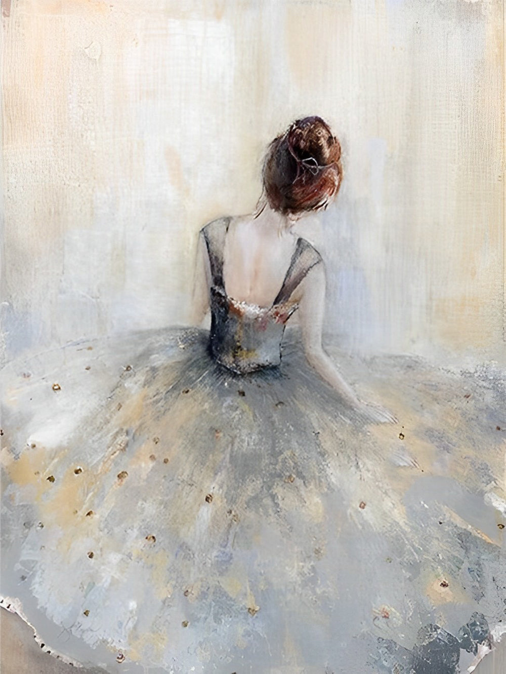 Vrouw in Grijze Tutu van Achteren tegen Zachte Achtergrond Diamond Painting