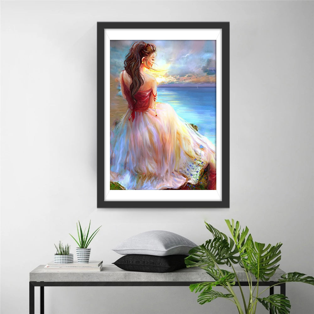 Vrouw in Lichte Jurk aan Zee bij Zonsondergang Diamond Painting