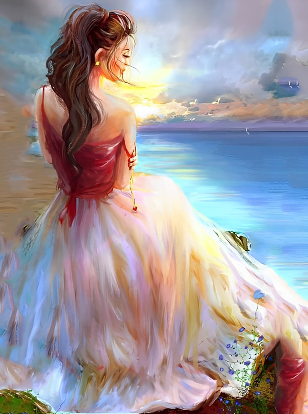 Vrouw in Lichte Jurk aan Zee bij Zonsondergang Diamond Painting