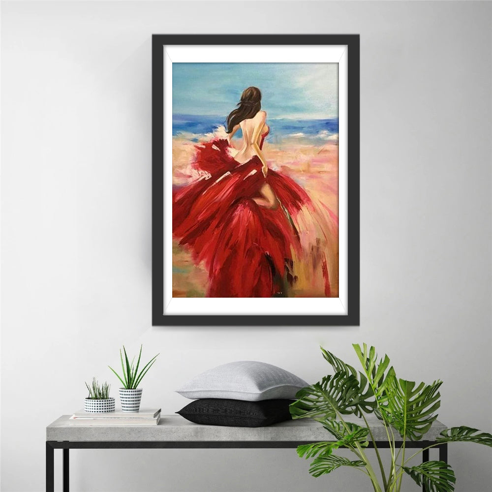 Vrouw in Rood aan de Zee Diamond Painting
