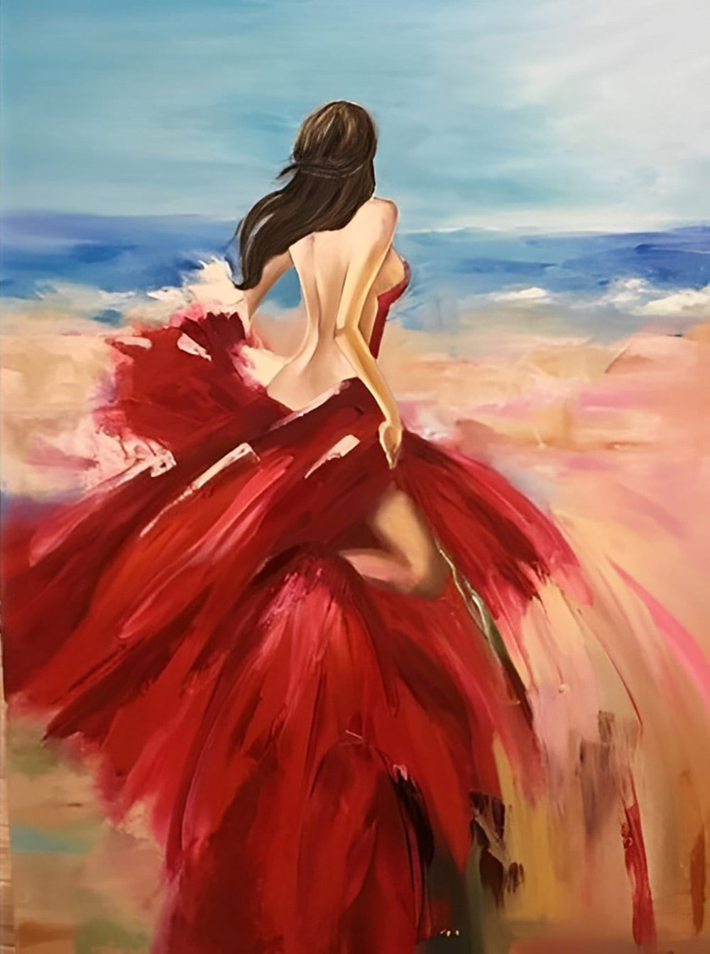 Vrouw in Rood aan de Zee Diamond Painting