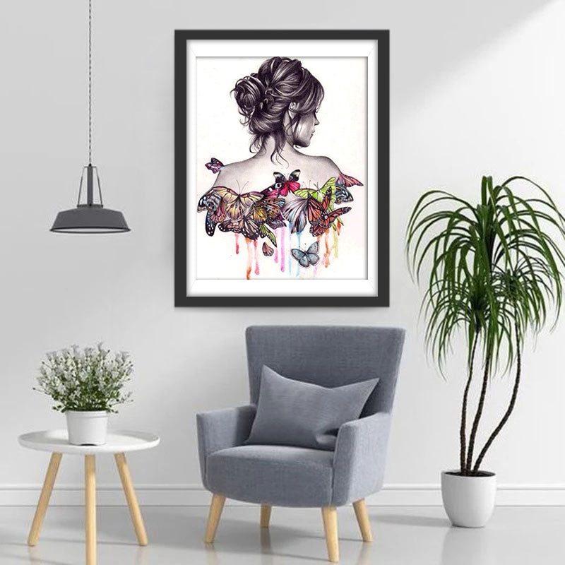 Vrouw in Vlinderkleed met Kleurspatten Diamond Painting