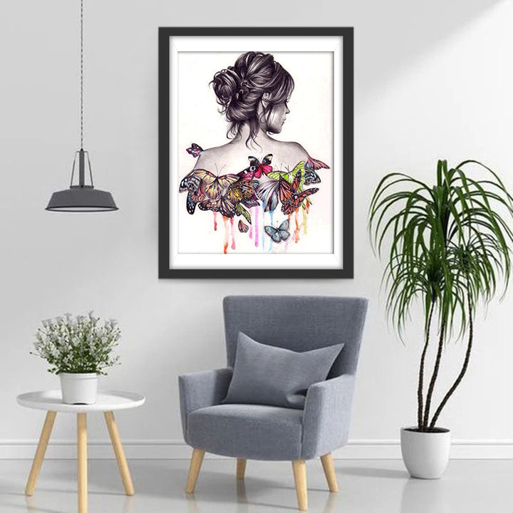 Vrouw in Vlinderkleed met Kleurspatten Diamond Painting