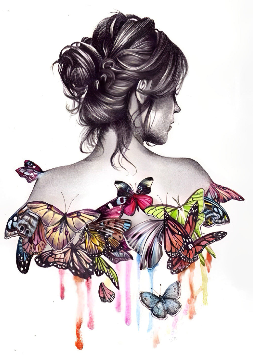 Vrouw in Vlinderkleed met Kleurspatten Diamond Painting