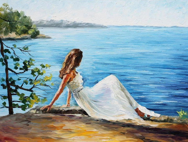 Vrouw in Witte Jurk Zit aan de Zee Diamond Painting