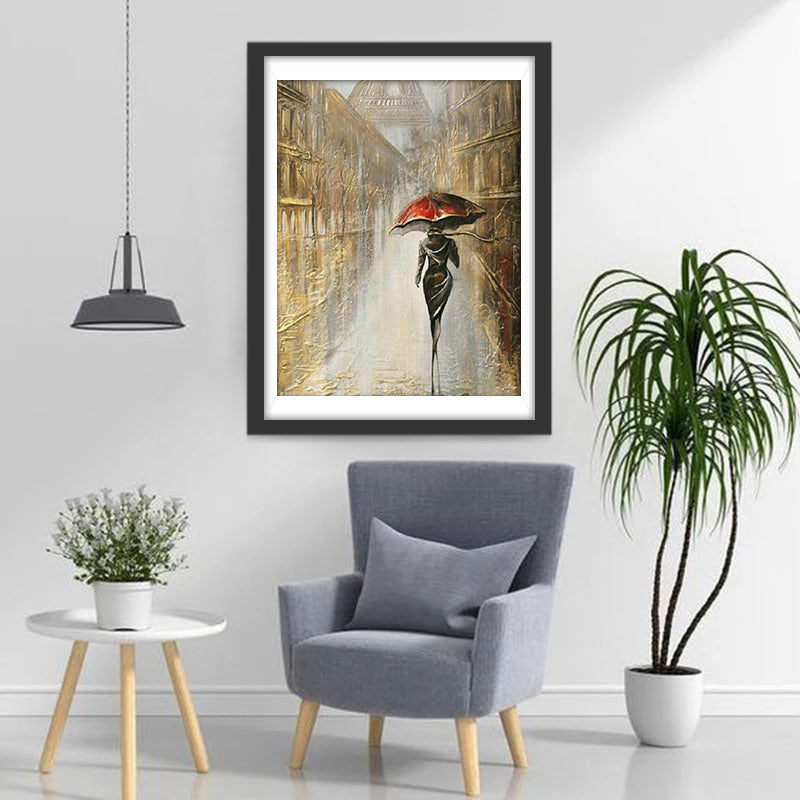 Vrouw met Rode Paraplu in de Regen Diamond Painting