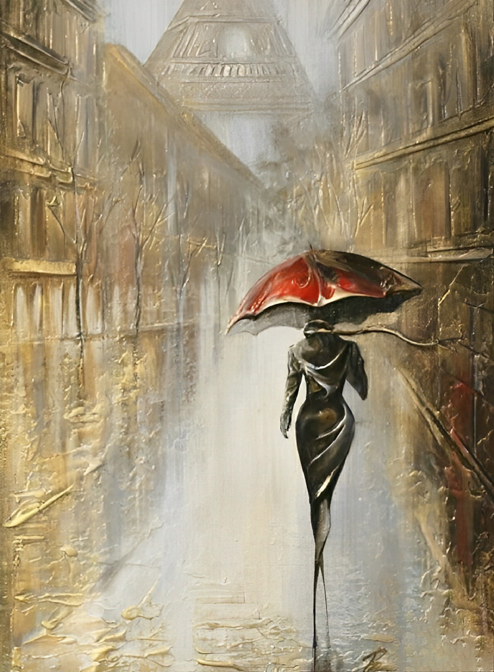 Vrouw met Rode Paraplu in de Regen Diamond Painting