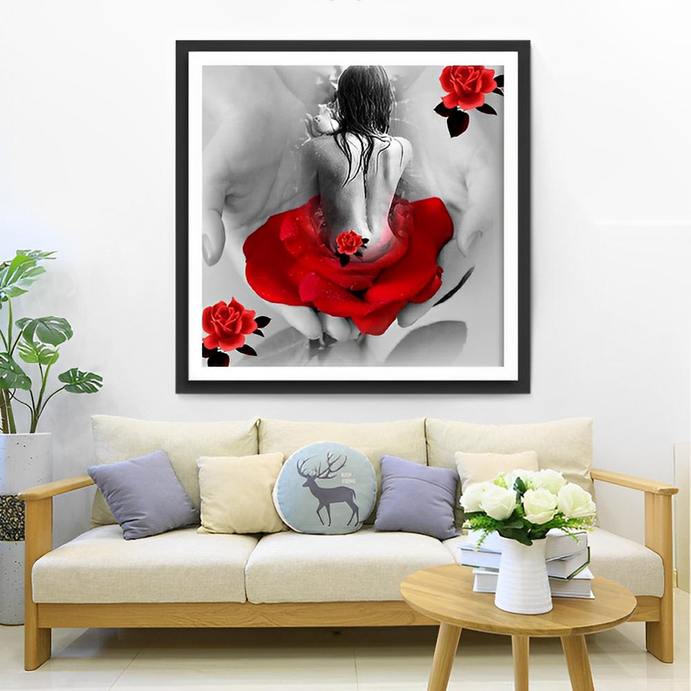 Vrouw met Rode Rozen in Handen van Fantasie Diamond Painting