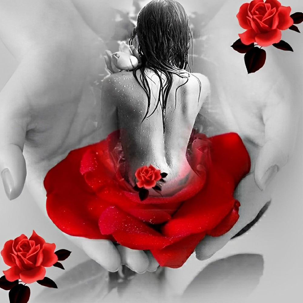 Vrouw met Rode Rozen in Handen van Fantasie Diamond Painting