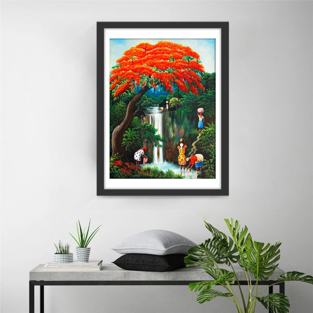 Vrouwen bij de Waterval en Flamboyante Boom Diamond Painting