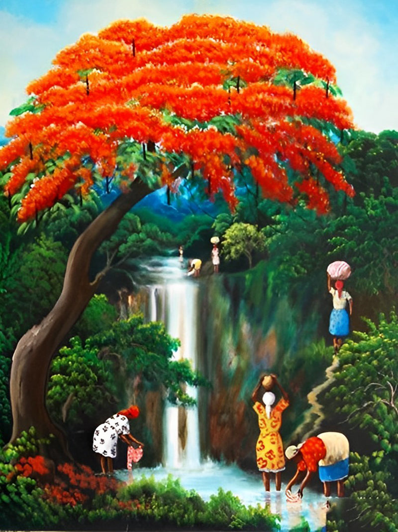 Vrouwen bij de Waterval en Flamboyante Boom Diamond Painting