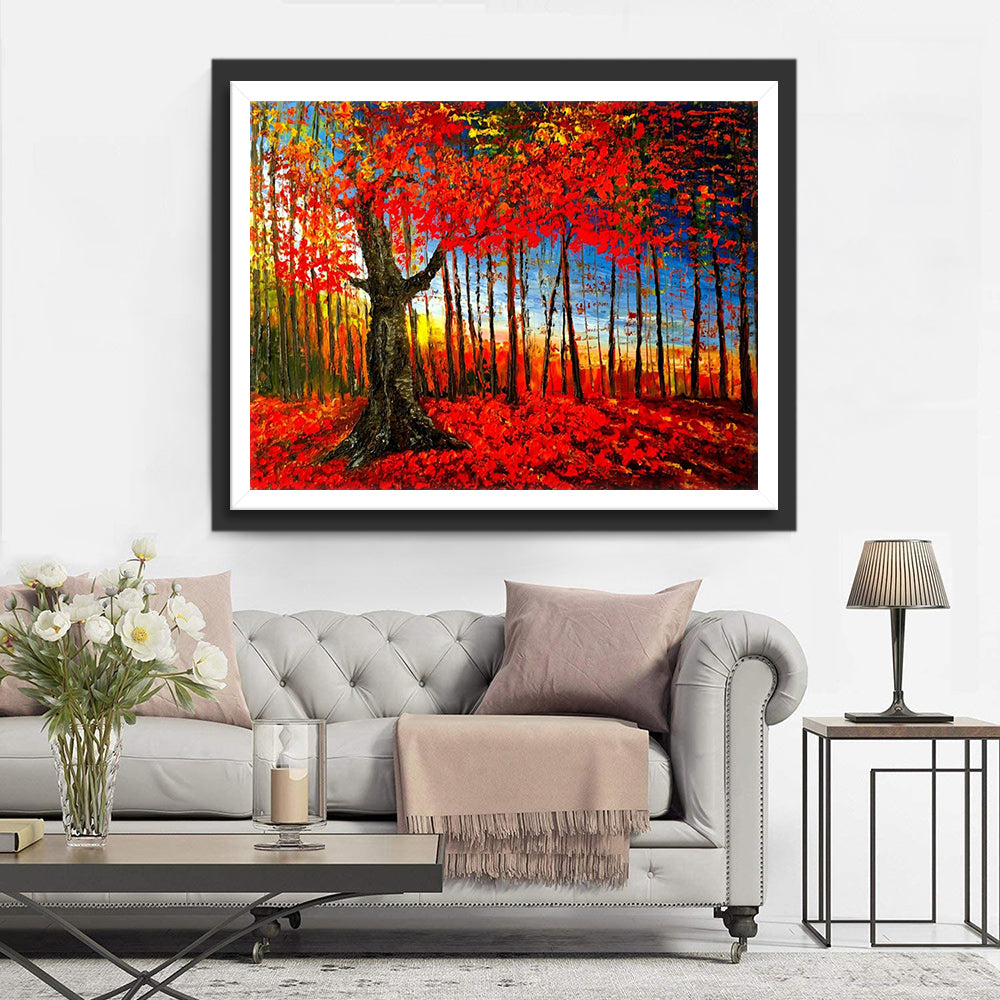 Vurige Herfstkleuren van de Bomen in het Woud Diamond Painting