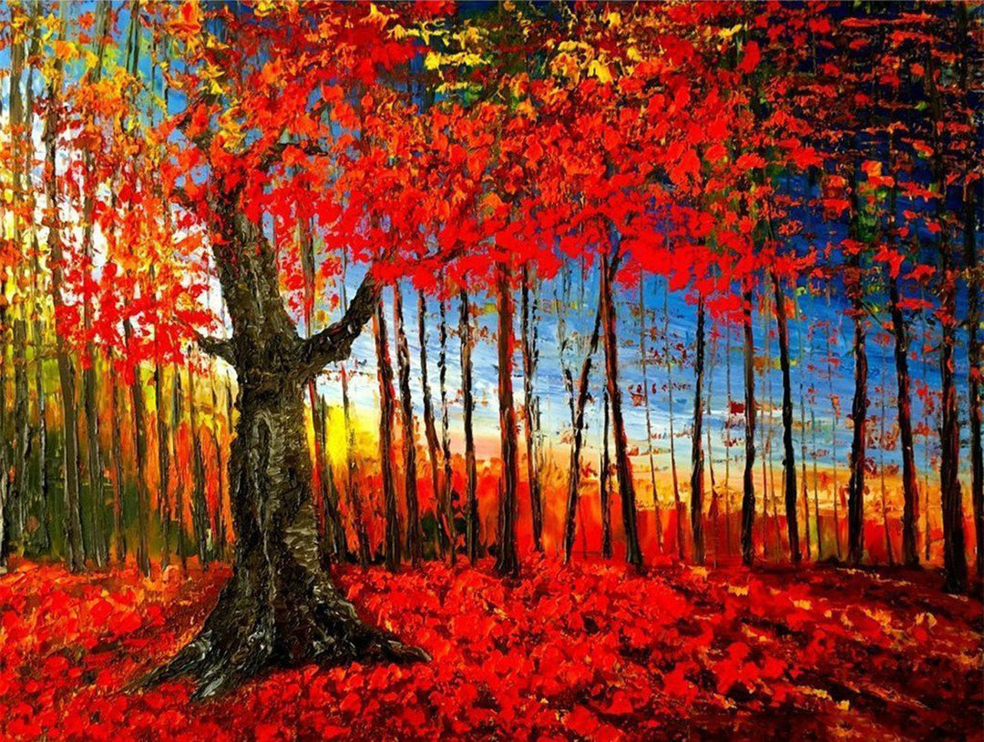 Vurige Herfstkleuren van de Bomen in het Woud Diamond Painting