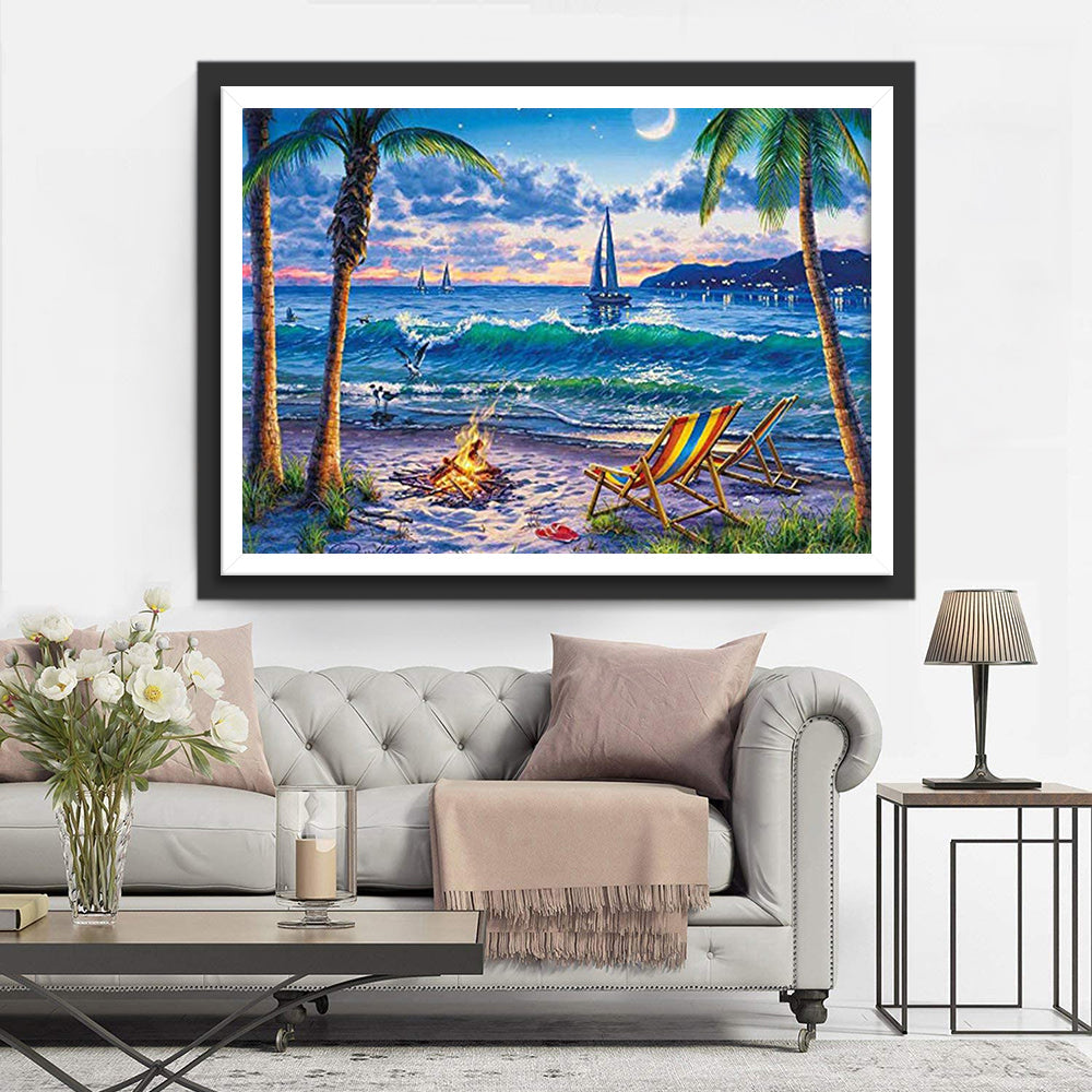 Vuur en Ligstoelen aan Zee Diamond Painting