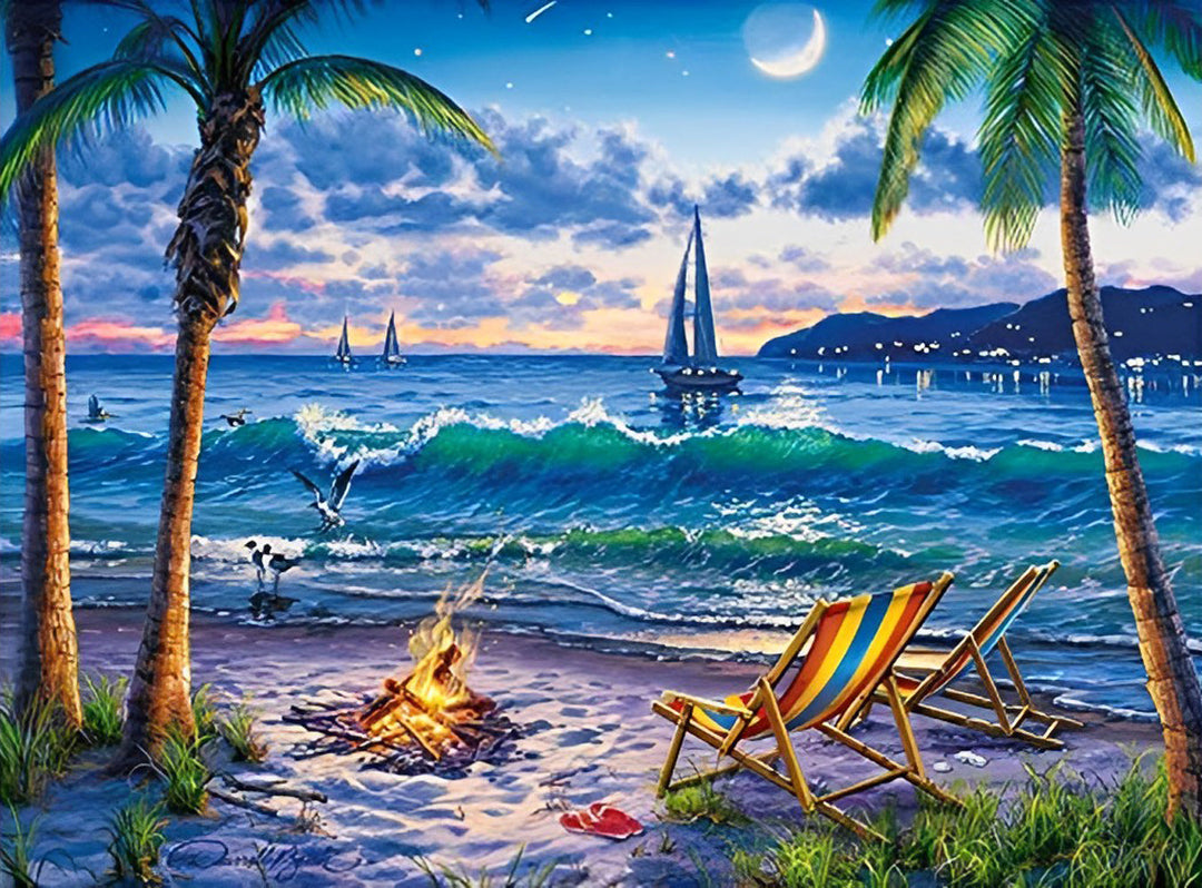Vuur en Ligstoelen aan Zee Diamond Painting
