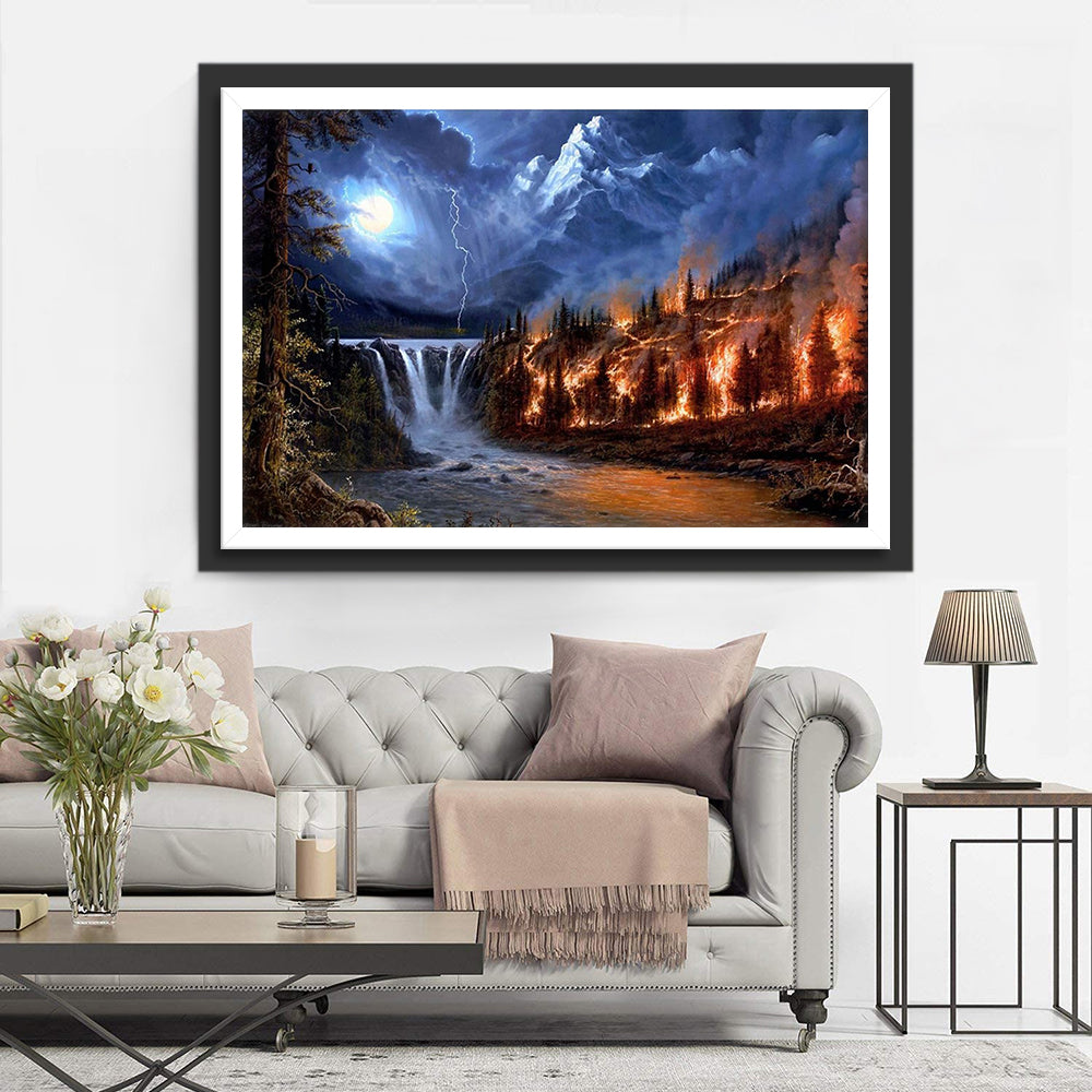 Vuur en Water tegen de Bergen Diamond Painting