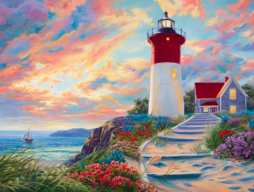Vuurtoren aan de Kust onder de Kleurrijke Lucht Diamond Painting