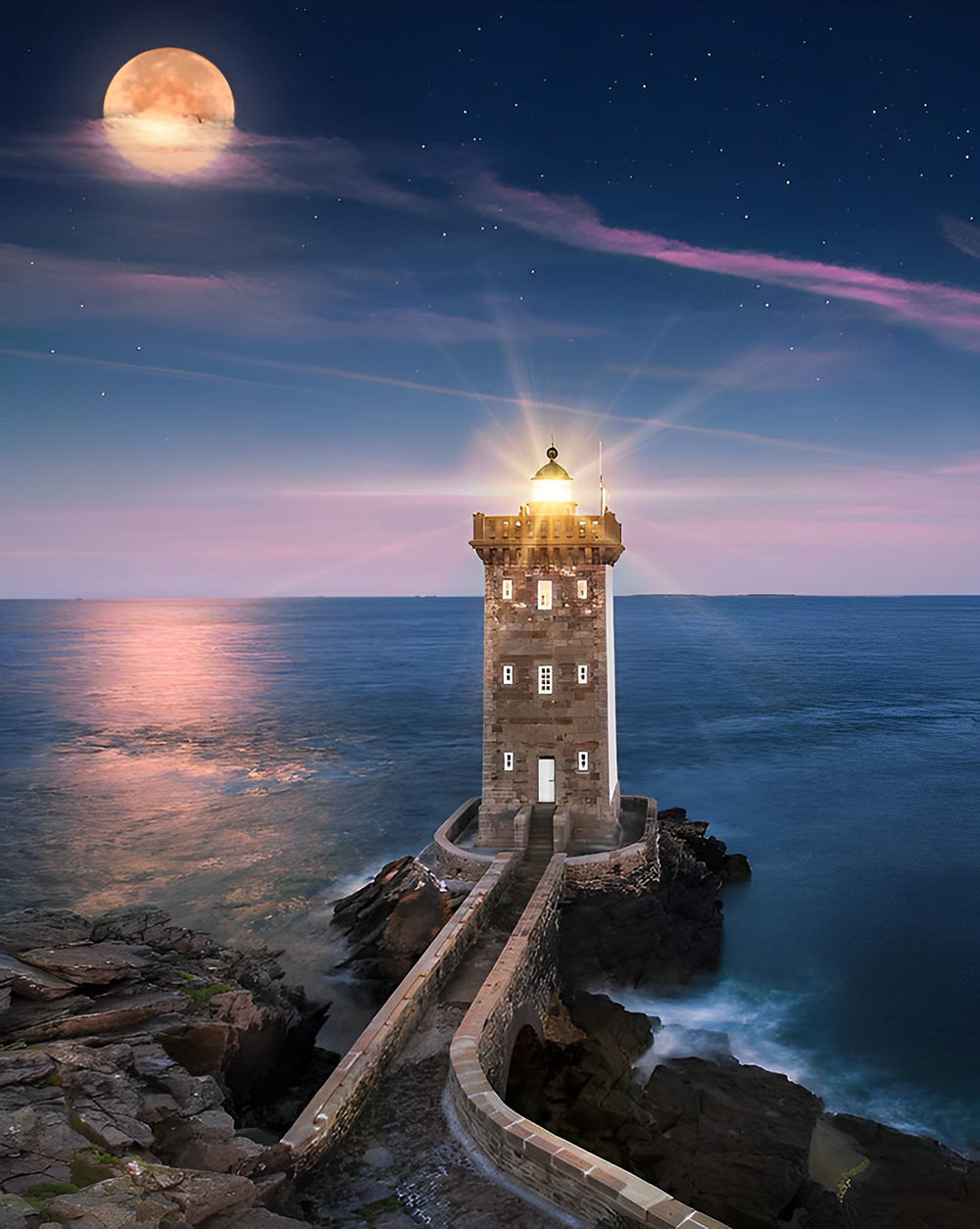Vuurtoren als Magisch Lichtpuntje onder de Volle Maan Diamond Painting