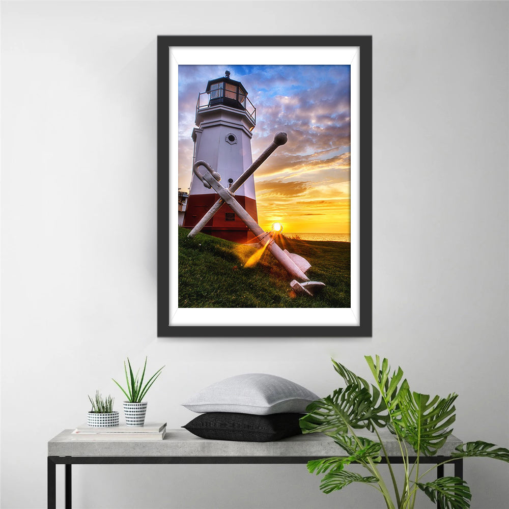 Vuurtoren en Anker tegen Zonsondergang Diamond Painting