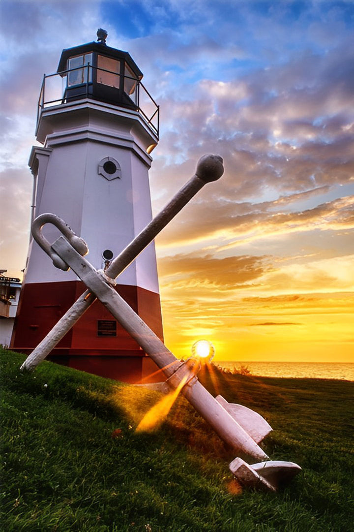 Vuurtoren en Anker tegen Zonsondergang Diamond Painting