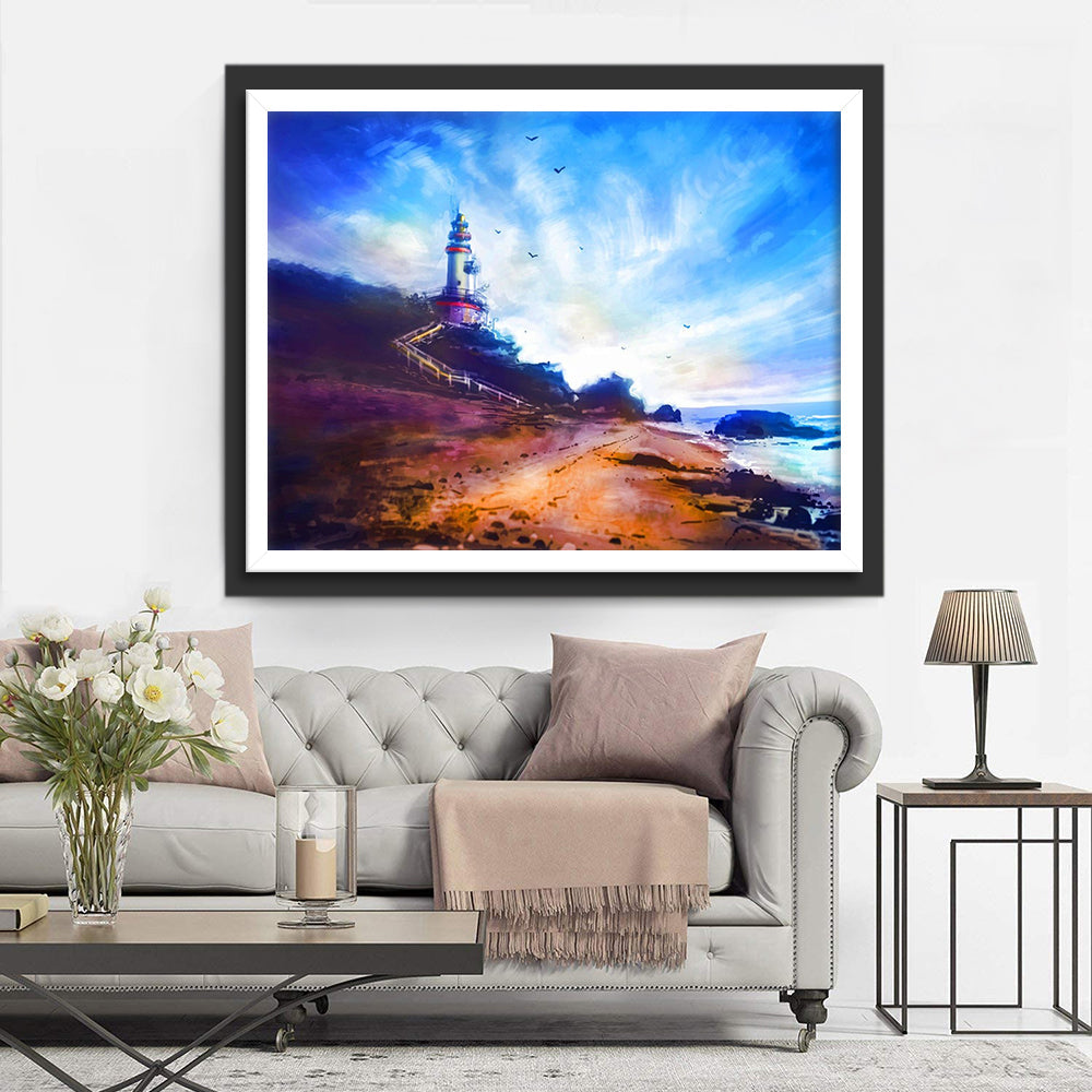 Vuurtoren onder de Wolkenverf en Vliegende Vogels Diamond Painting