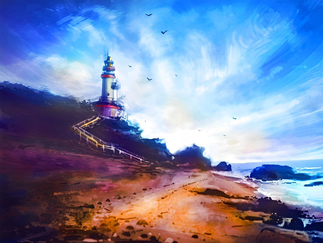 Vuurtoren onder de Wolkenverf en Vliegende Vogels Diamond Painting