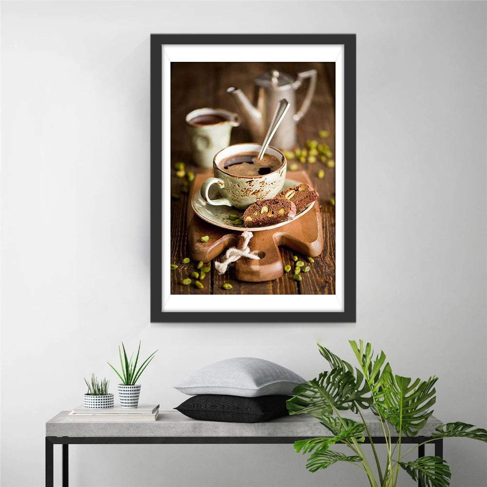 Warme Koffie met Chocoladekoekjes op een Houten Tafel Diamond Painting