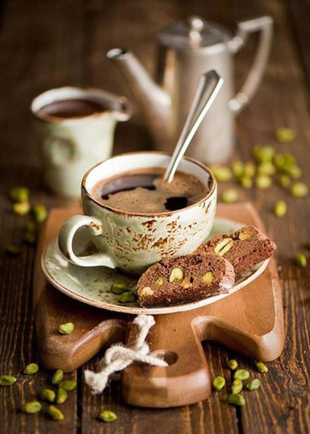 Warme Koffie met Chocoladekoekjes op een Houten Tafel Diamond Painting
