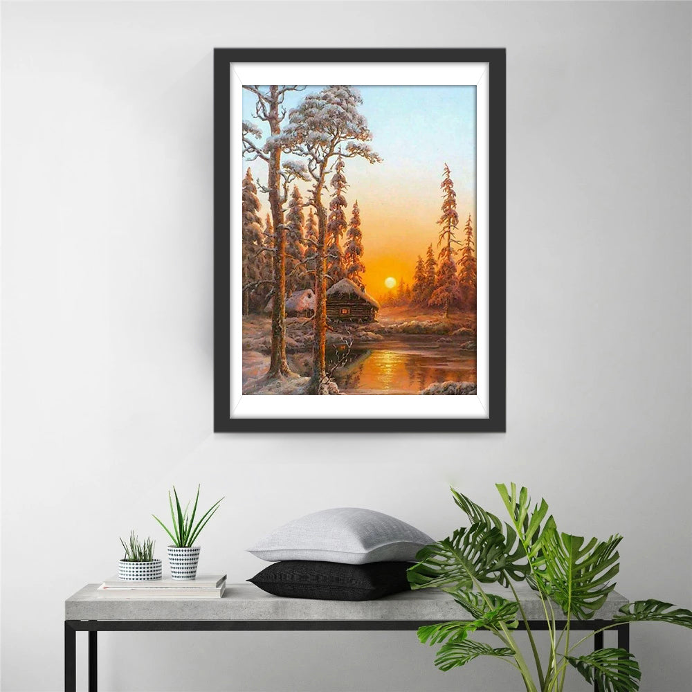 Warme Winterschoonheid bij Zonsondergang in het Sneeuwbos Diamond Painting