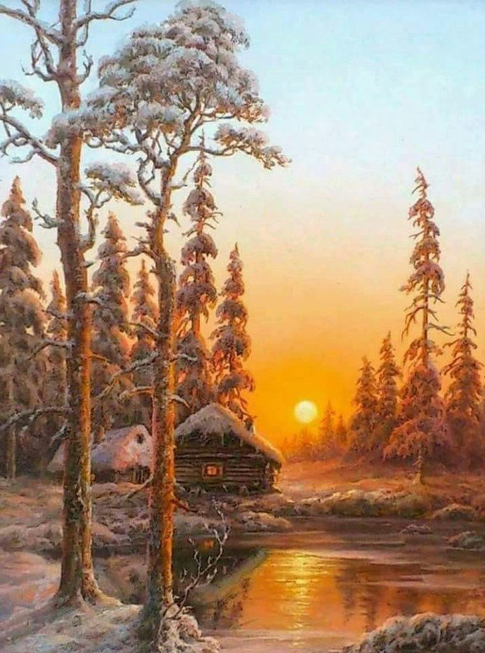 Warme Winterschoonheid bij Zonsondergang in het Sneeuwbos Diamond Painting