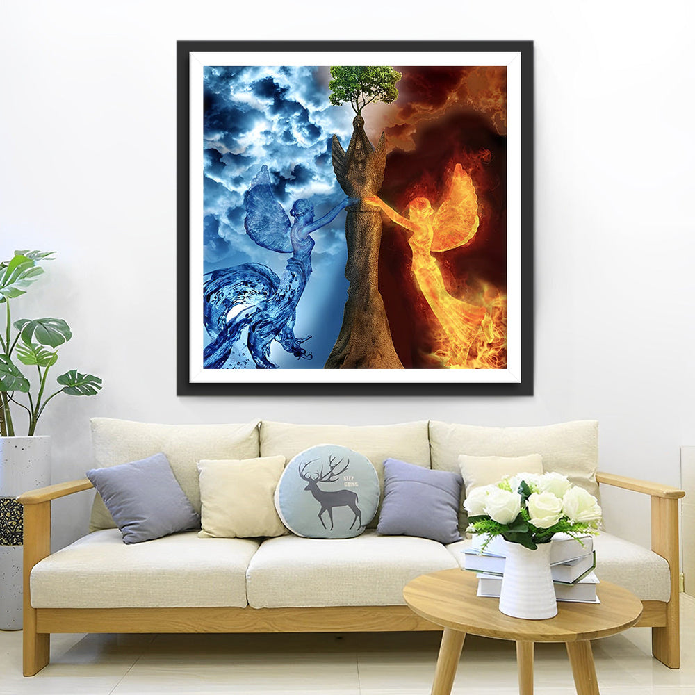 Water- en Vuurengel bij Boomstatuet Diamond Painting
