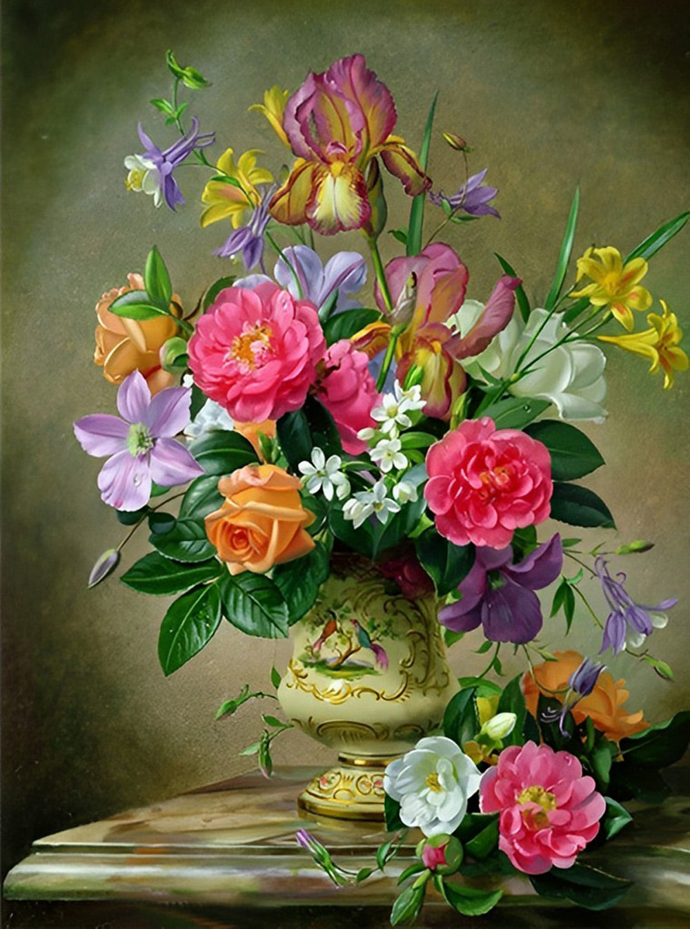 Weelderig Bloemenboeket in Antiek Vaasje Diamond Painting