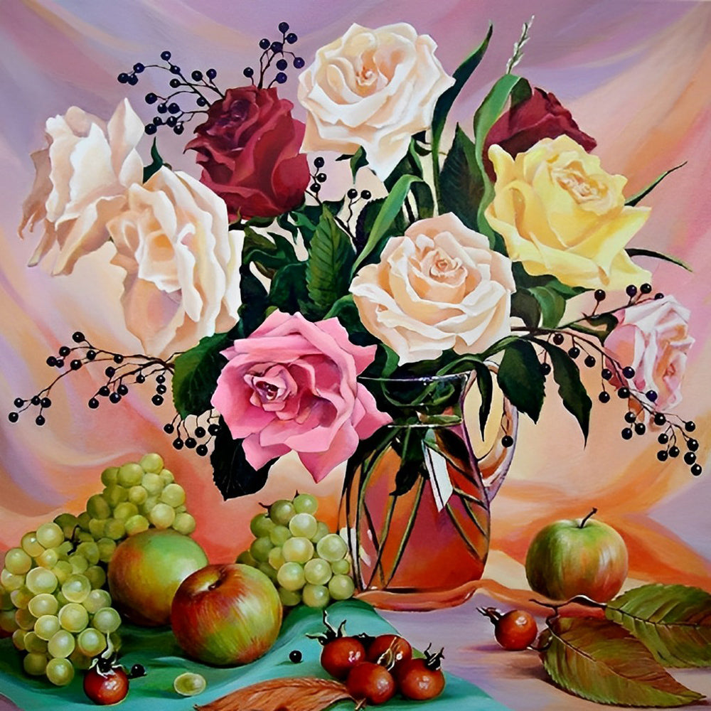 Weelderige Bloemen- en Fruittafering Diamond Painting
