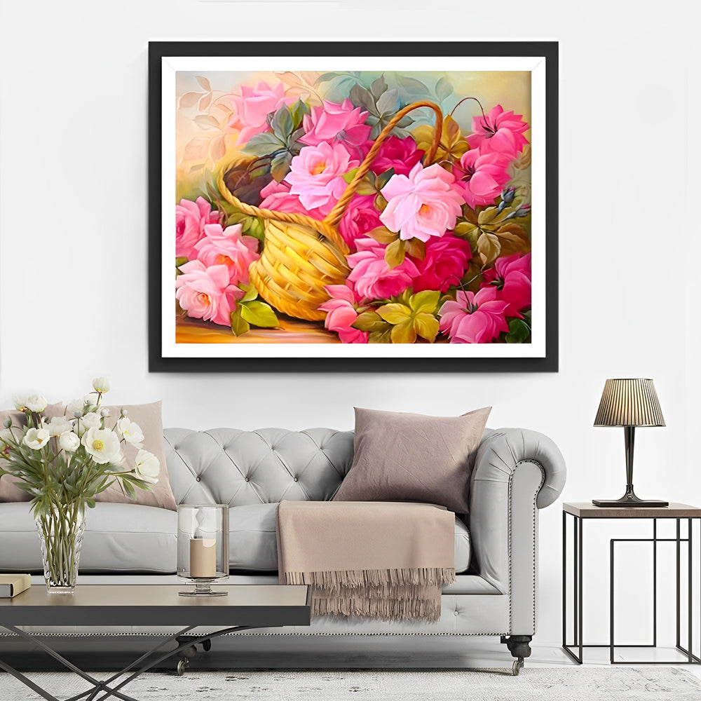 Weelderige Roze Rozen in Mand Diamond Painting