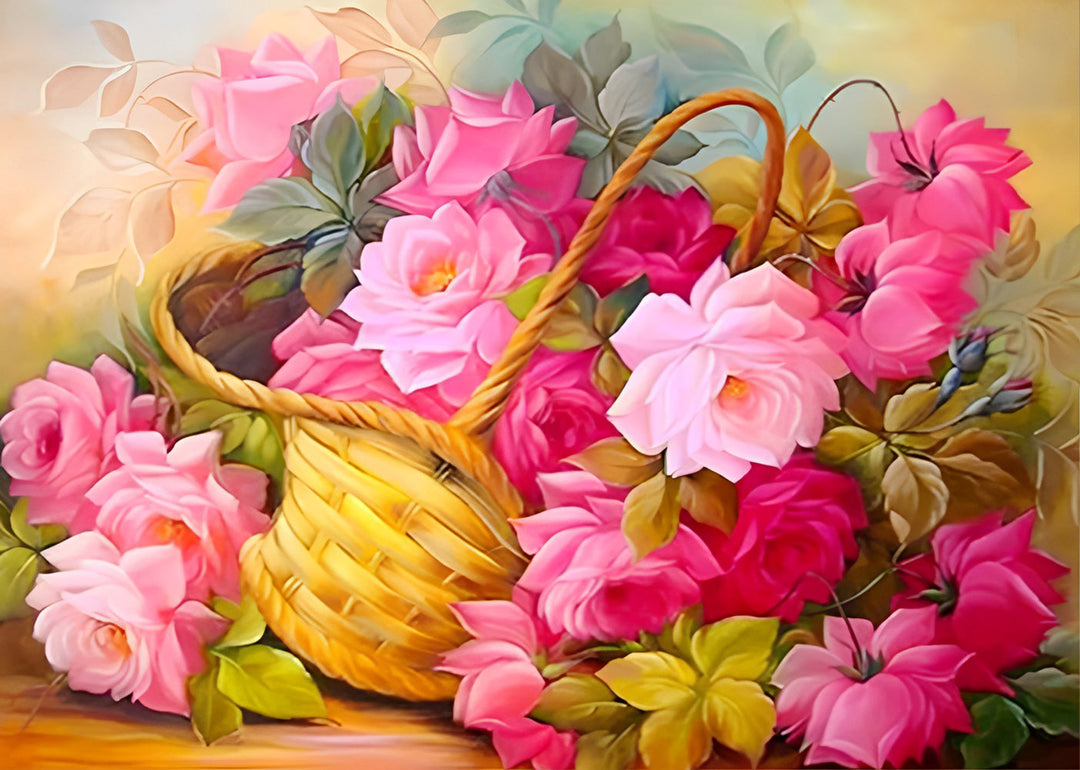 Weelderige Roze Rozen in Mand Diamond Painting