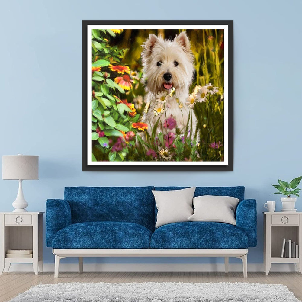 West Highland Dog achter de Struik Diamond Painting