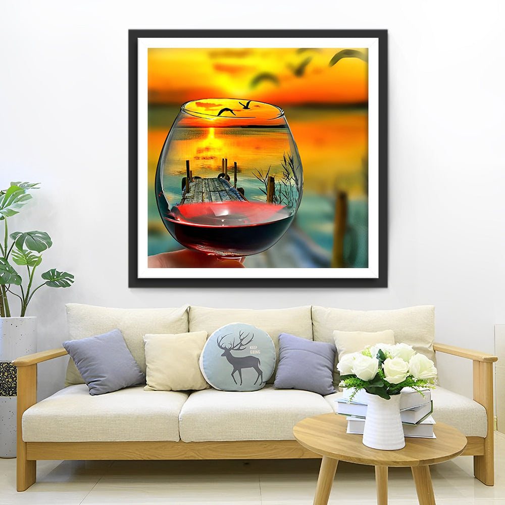 Wijn Glas met Zonsondergang op de Achtergrond Diamond Painting