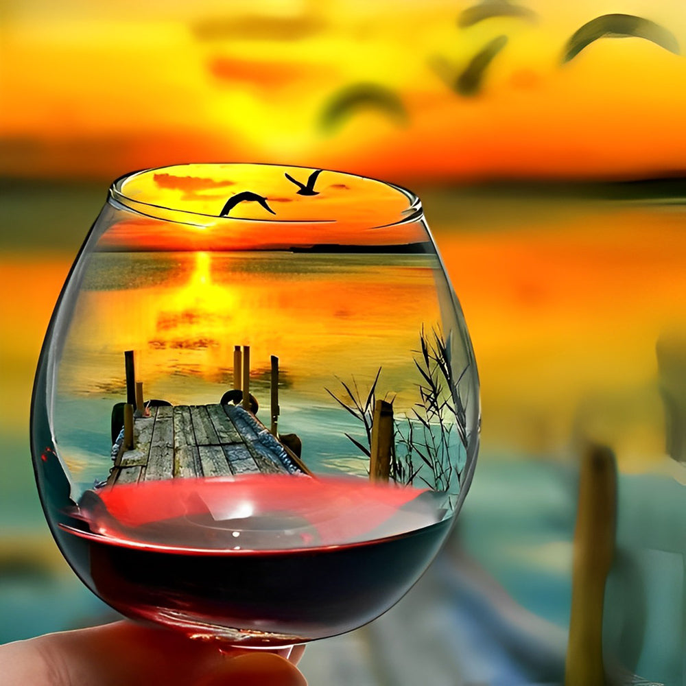 Wijn Glas met Zonsondergang op de Achtergrond Diamond Painting