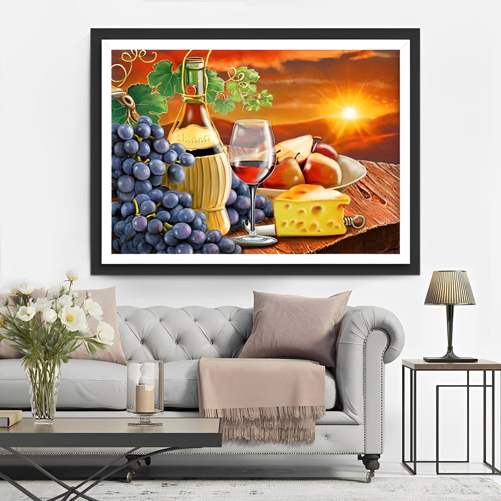 Wijnfles, Wijnglas, Druiventros, Kaas en Fruit Diamond Painting