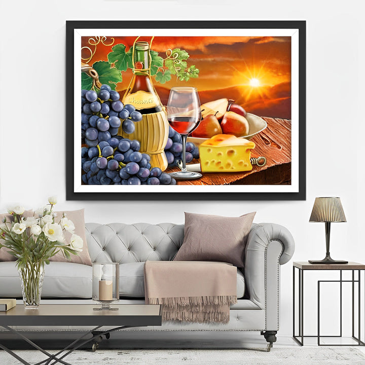 Wijnfles, Wijnglas, Druiventros, Kaas en Fruit Diamond Painting