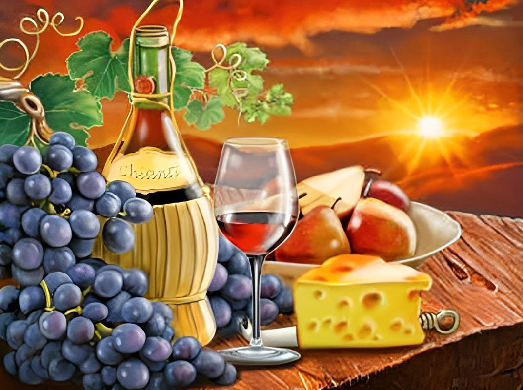Wijnfles, Wijnglas, Druiventros, Kaas en Fruit Diamond Painting