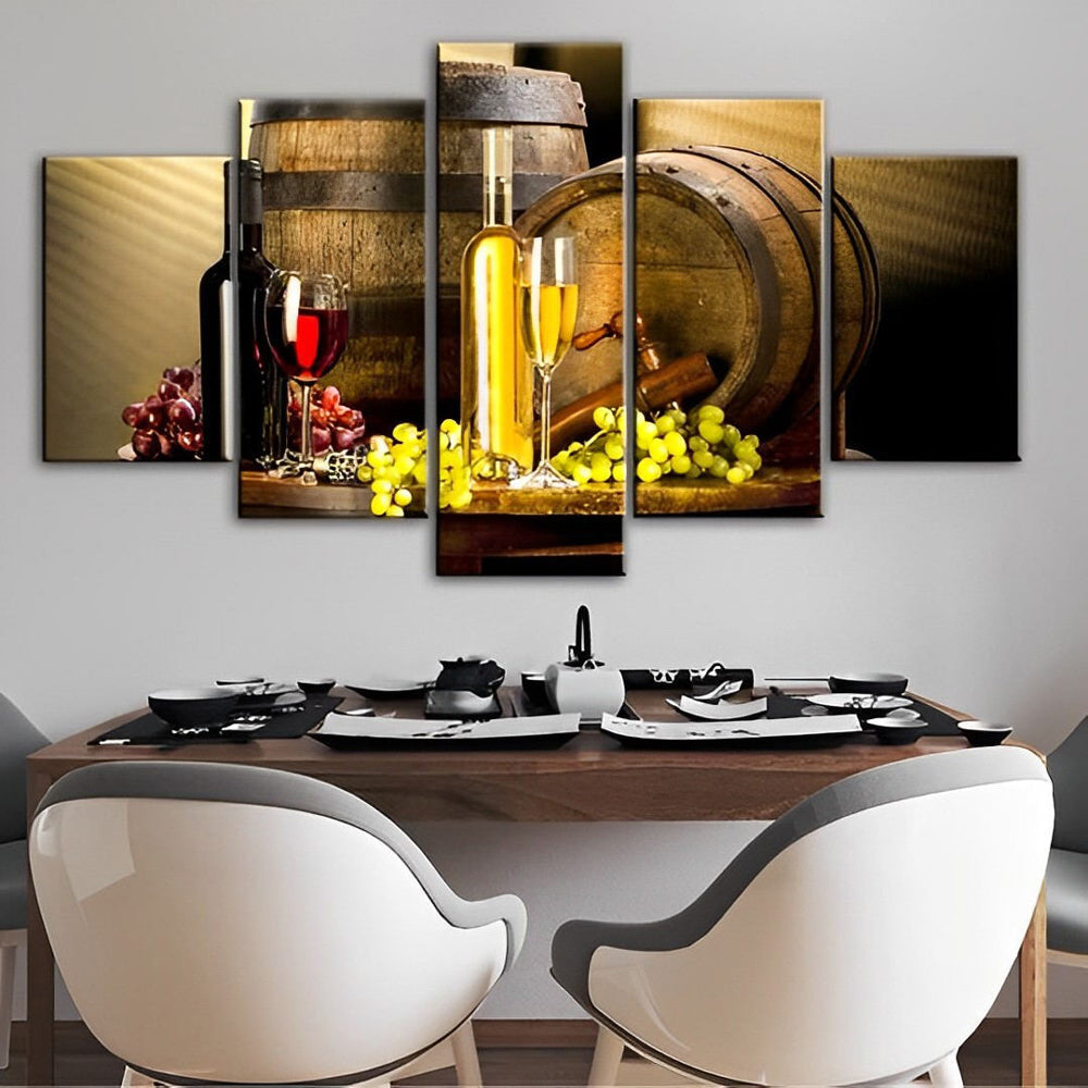 Wijnfles, Wijnglazen, Druiven en Wijnvaten 5 Platen Diamond Painting