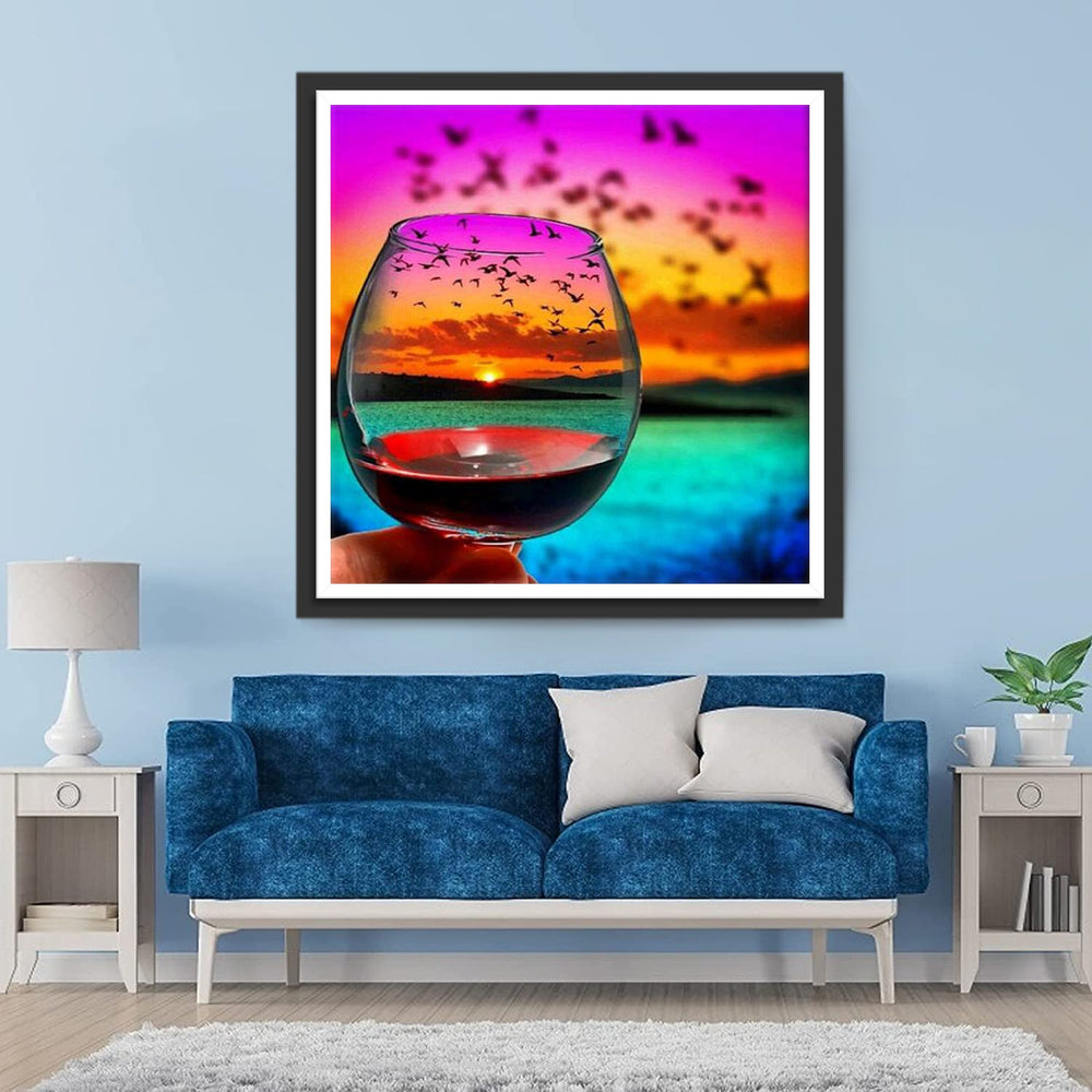 Wijnglas met Zonsondergang en Vogelvlucht Diamond Painting