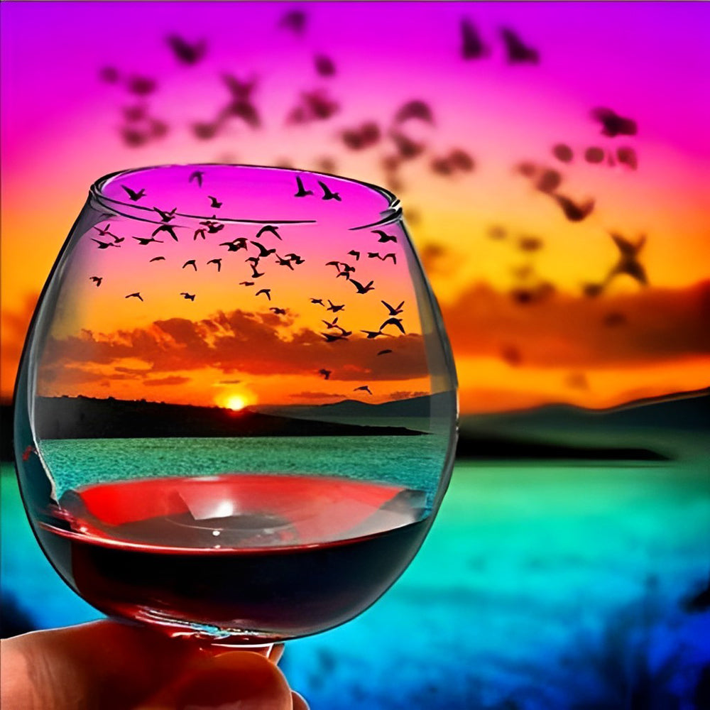 Wijnglas met Zonsondergang en Vogelvlucht Diamond Painting
