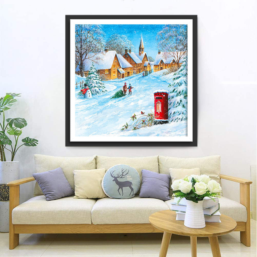 Winters Dorpsgezicht met Sneeuwbedekking Diamond Painting