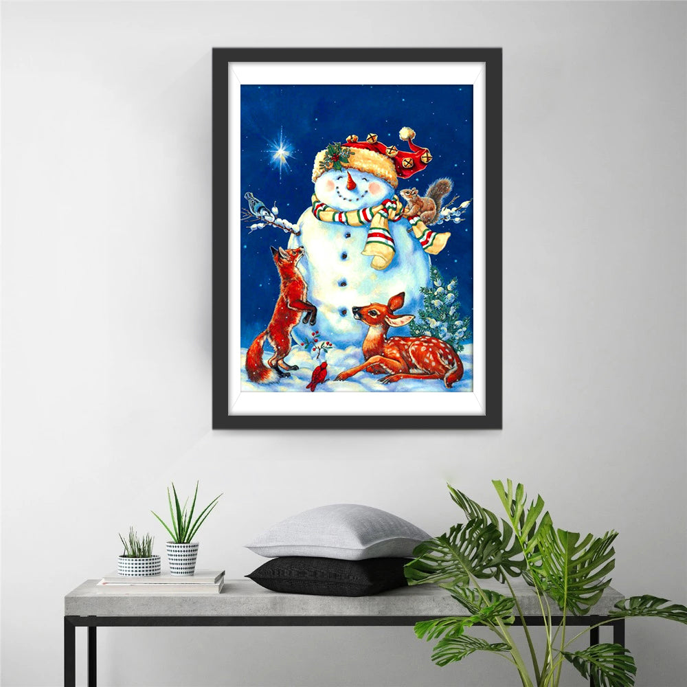 Winters Gezelschap: Sneeuwpop en Dieren onder Glinsterende Ster Diamond Painting