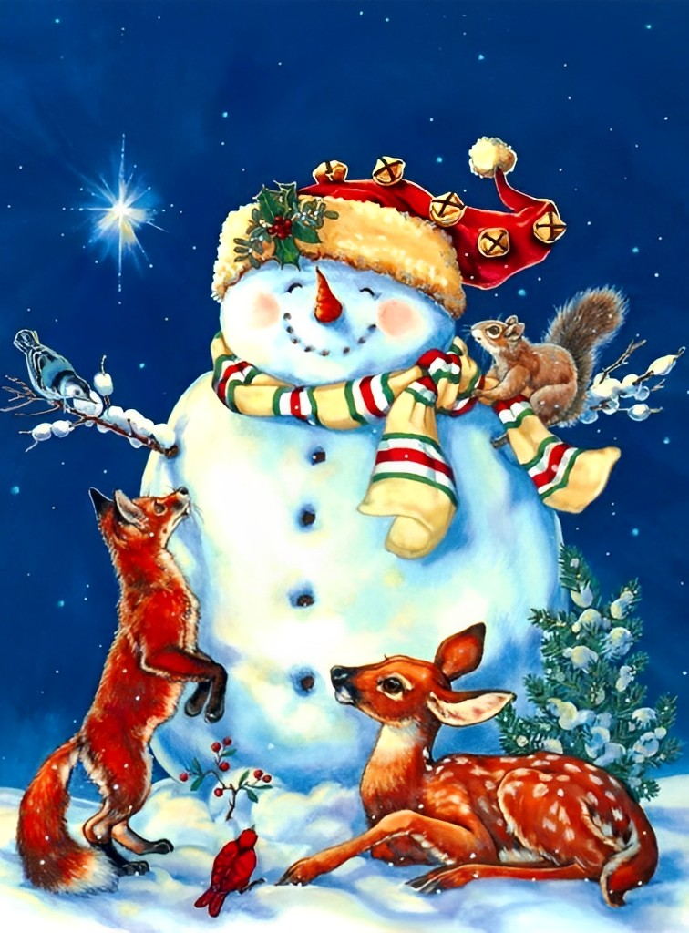 Winters Gezelschap: Sneeuwpop en Dieren onder Glinsterende Ster Diamond Painting