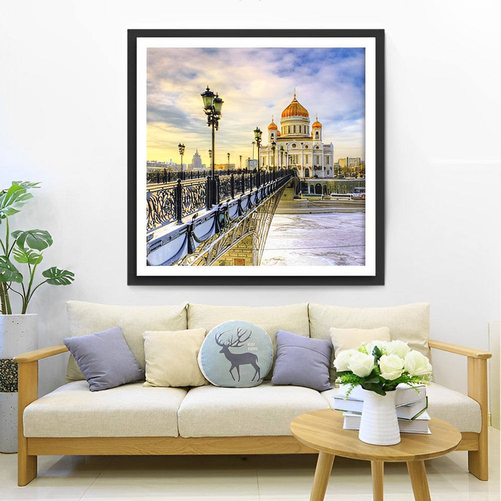 Winters Sfeertafereel met Kathedraal en Brug Diamond Painting