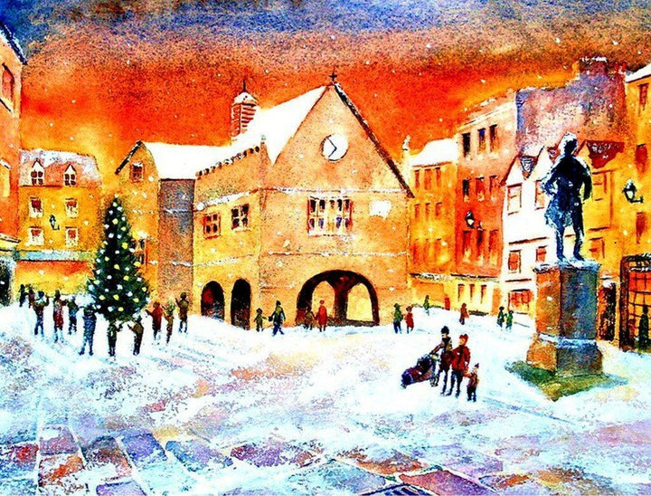 Winters Stadsplein met Kerstboom en Standbeeld Diamond Painting